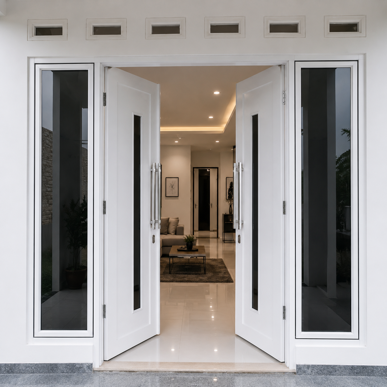 Pintu Utama Ayun Ganda dengan Kaca Samping